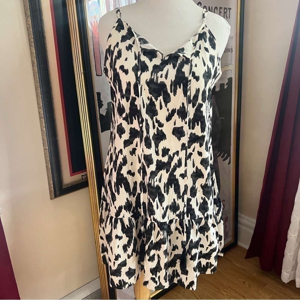 Sheilay Black and Cream Adjustable Spaghetti Strap Ruffled Hem Printed Dress